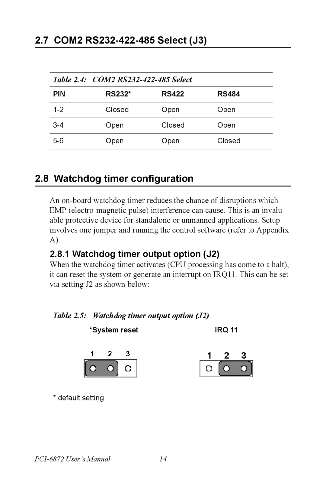 Advantech PCI-6872 user manual COM2 RS232-422-485 Select J3, Watchdog timer configuration, Watchdog timer output option J2 