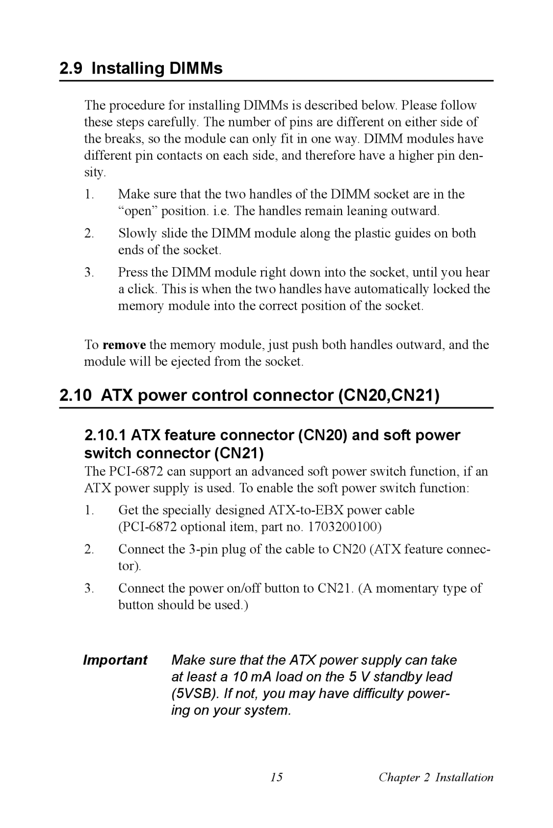 Advantech PCI-6872 user manual Installing DIMMs, ATX power control connector CN20,CN21 