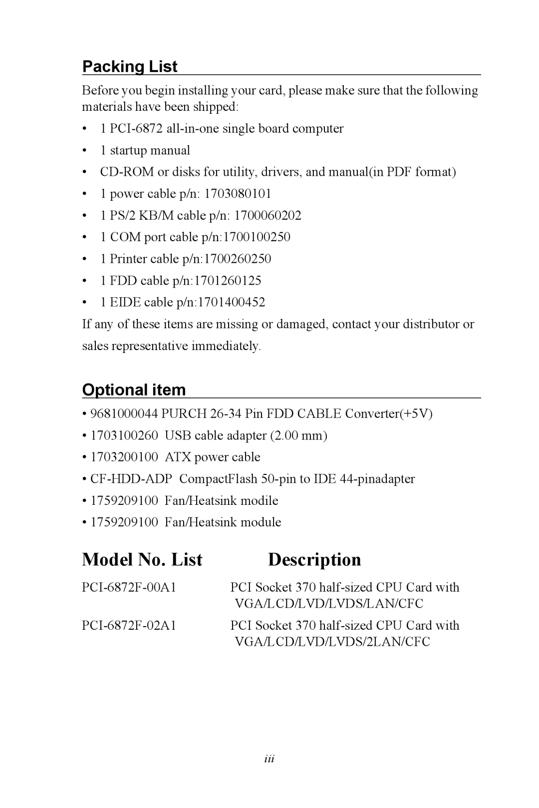 Advantech PCI-6872 user manual Packing List, Optional item 