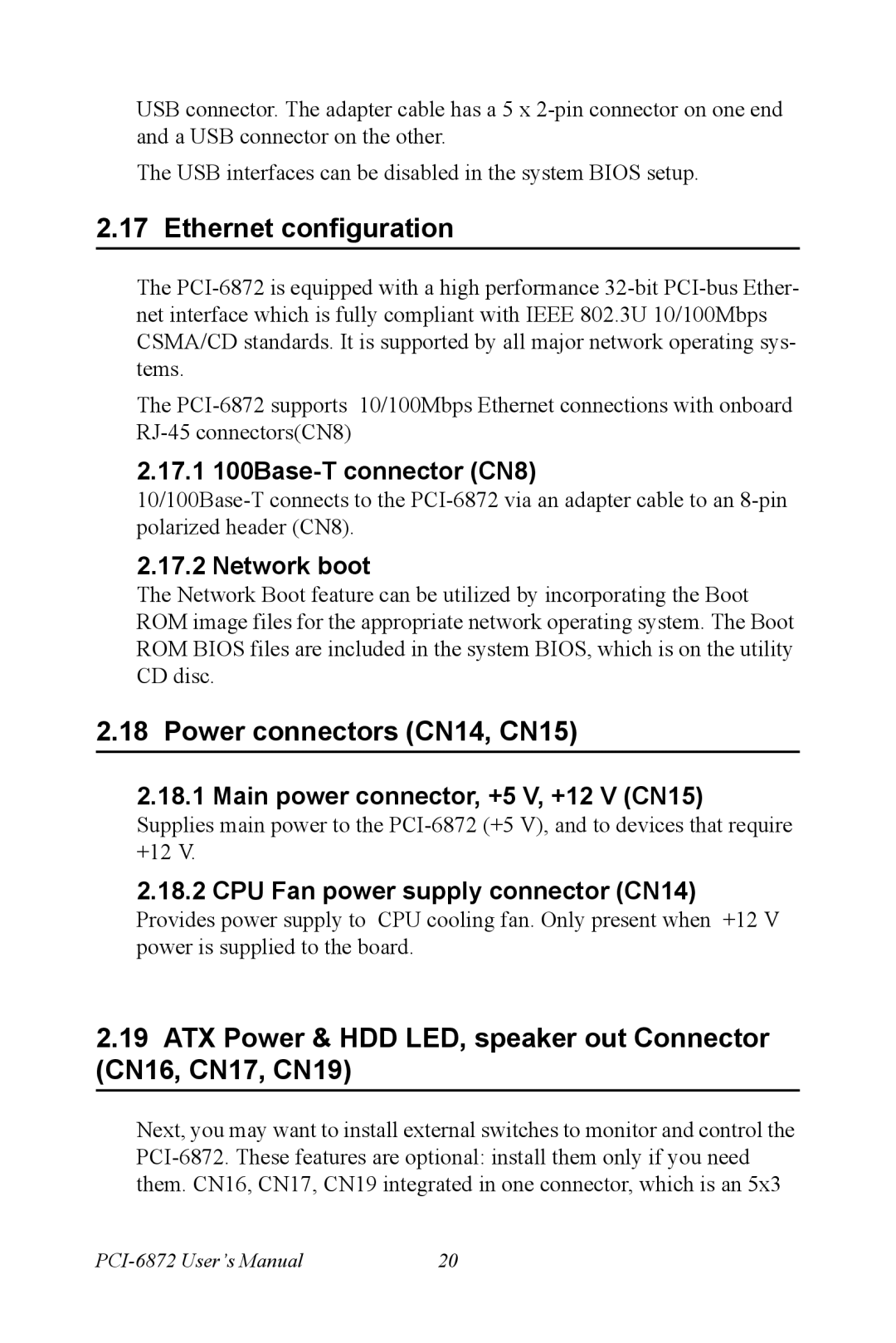 Advantech PCI-6872 user manual Ethernet configuration, Power connectors CN14, CN15 