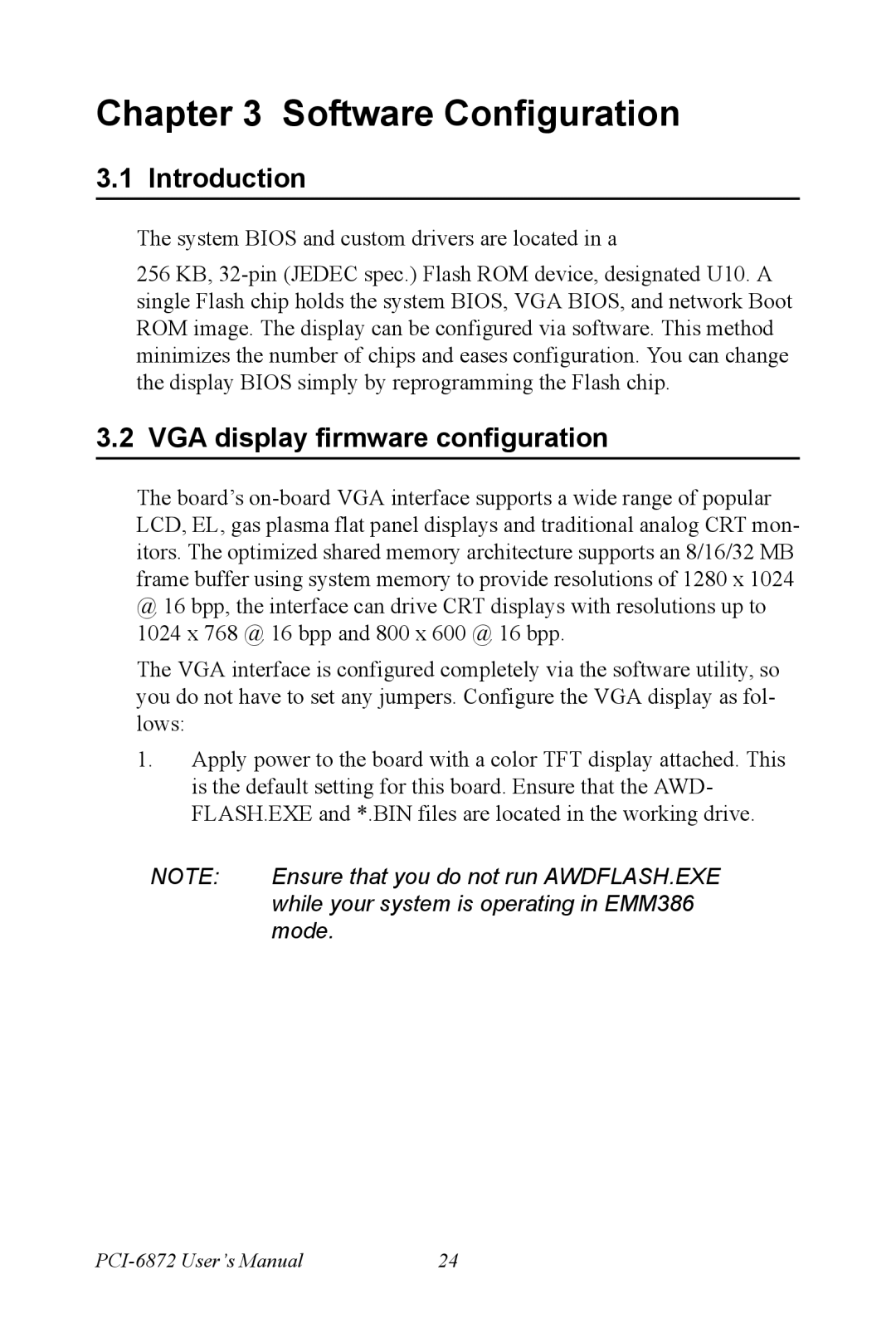 Advantech PCI-6872 user manual VGA display firmware configuration, Mode 