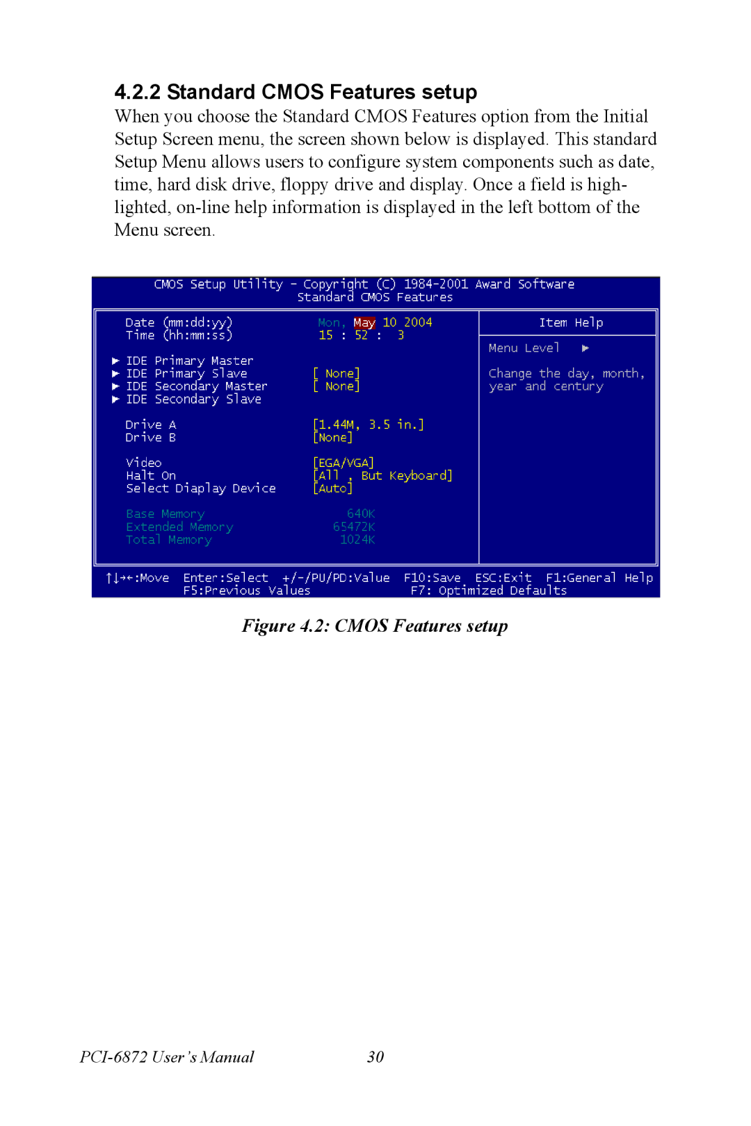 Advantech PCI-6872 user manual Standard Cmos Features setup 