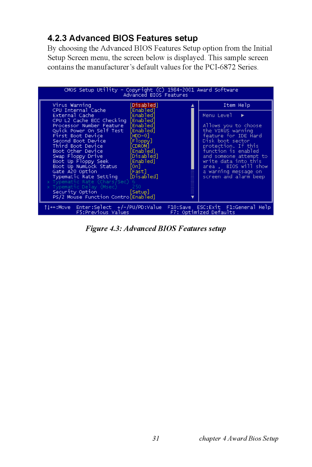 Advantech PCI-6872 user manual Advanced Bios Features setup 