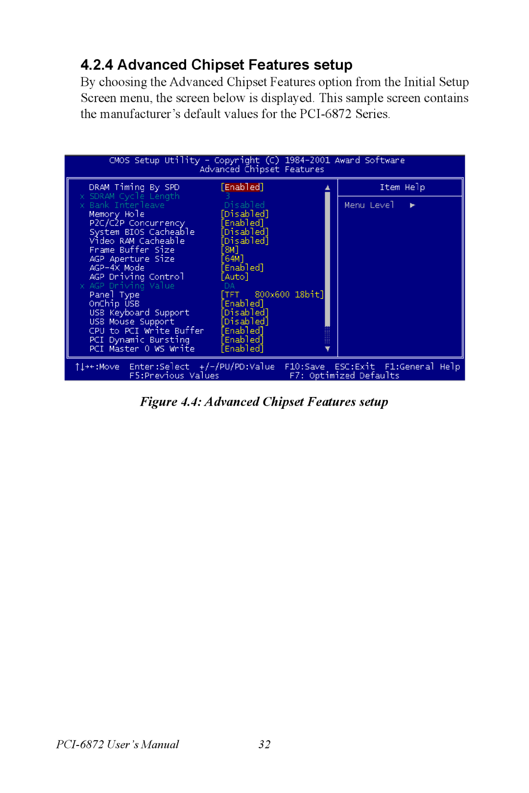 Advantech PCI-6872 user manual Advanced Chipset Features setup 