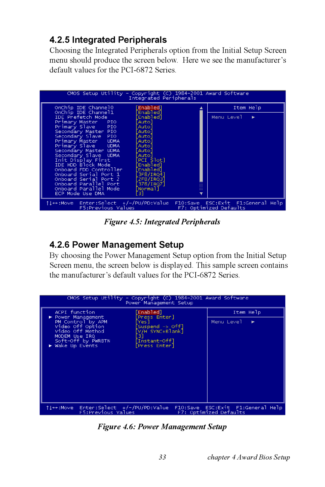 Advantech PCI-6872 user manual Integrated Peripherals, Power Management Setup 