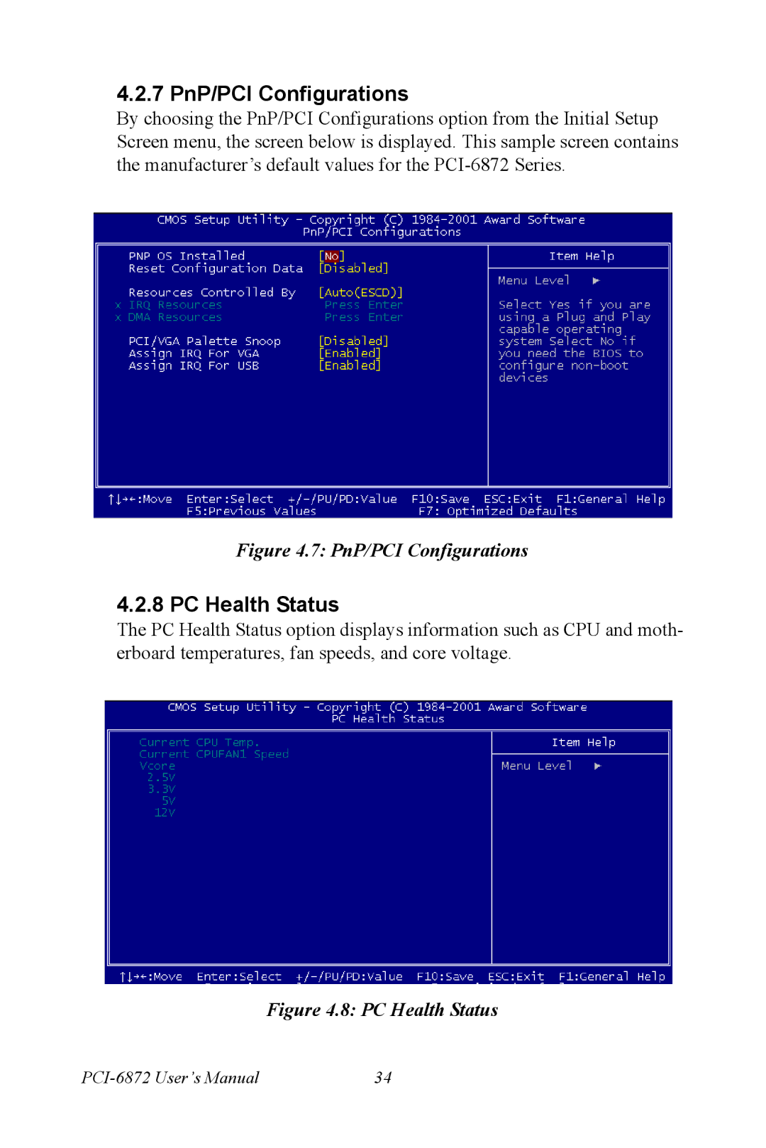 Advantech PCI-6872 user manual 7 PnP/PCI Configurations, PC Health Status 