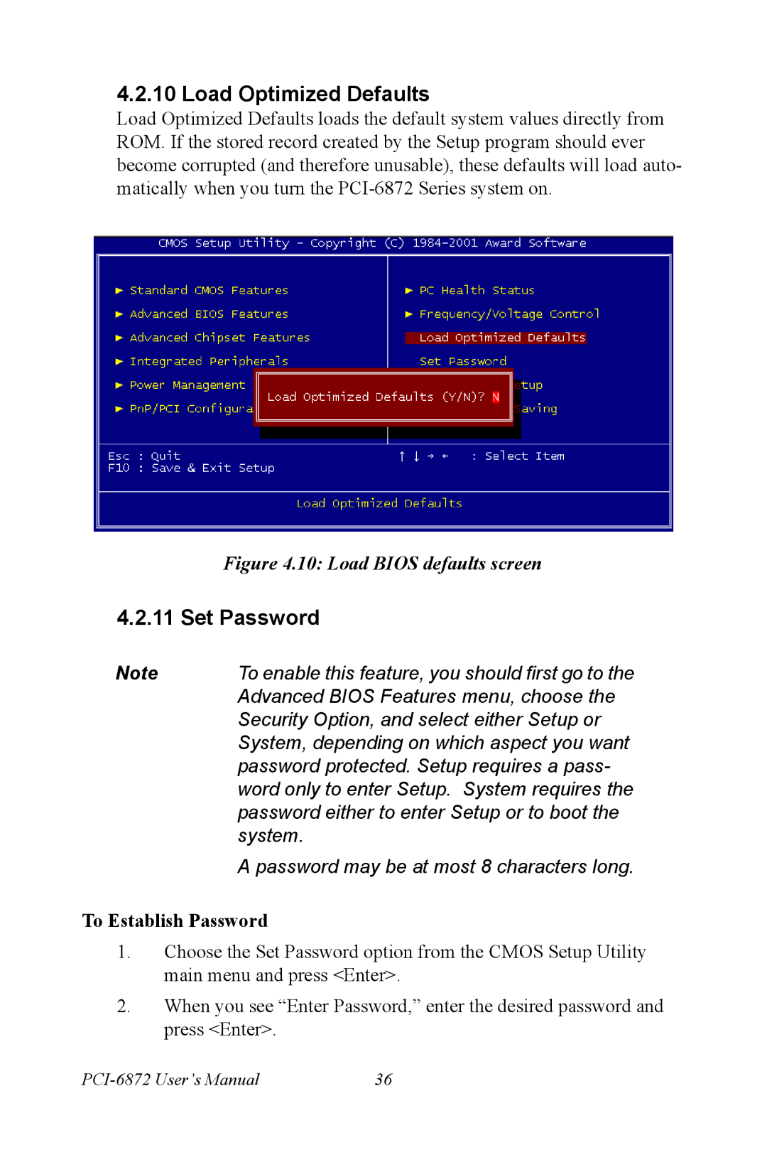 Advantech PCI-6872 user manual Load Optimized Defaults, Set Password 