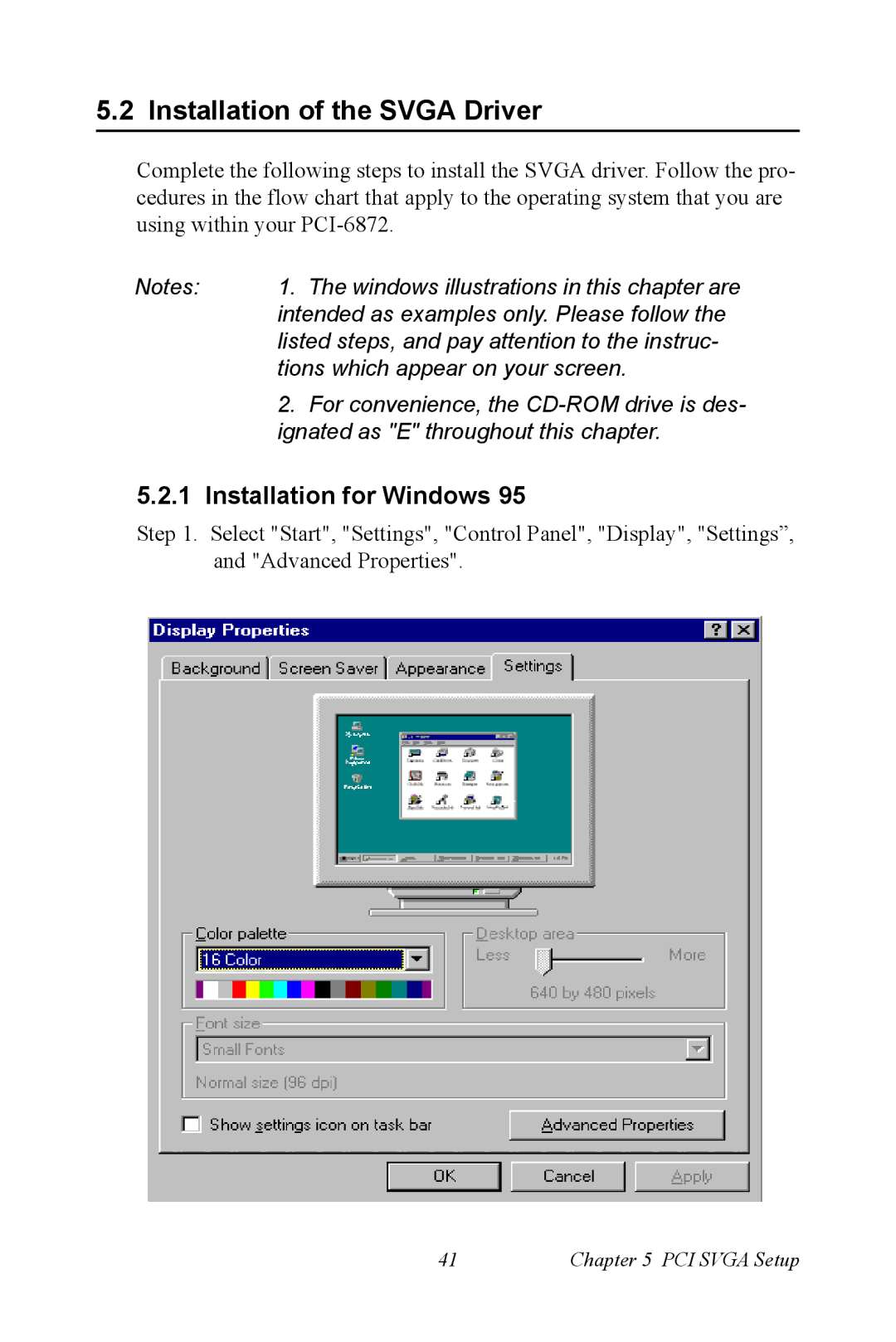 Advantech PCI-6872 user manual Installation of the Svga Driver, Installation for Windows 