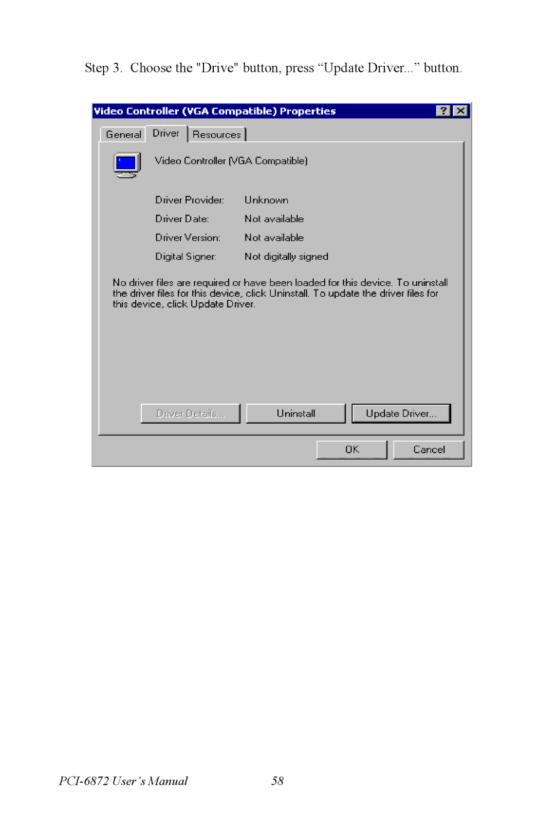 Advantech PCI-6872 user manual Choose the Drive button, press Update Driver... button 