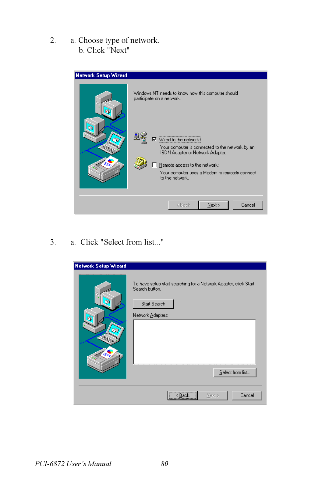 Advantech PCI-6872 user manual Choose type of network. b. Click Next Click Select from list 