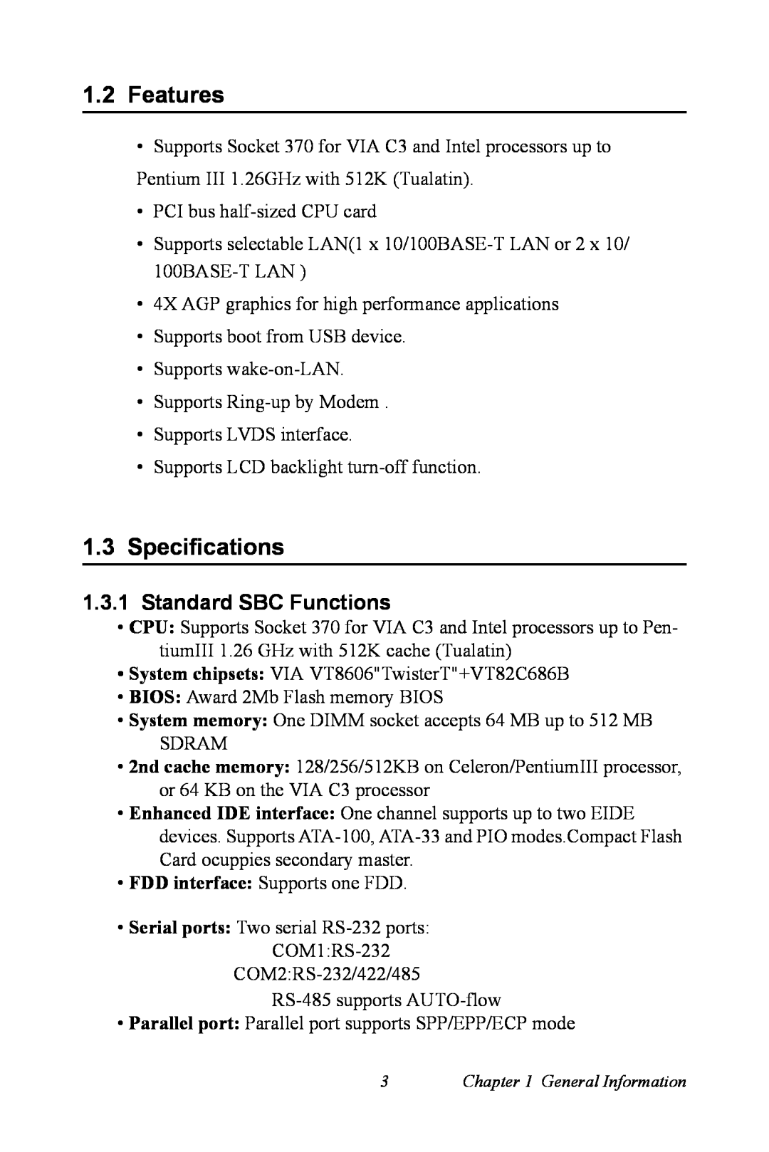 Advantech PCI-6872 user manual Features, Specifications, Standard SBC Functions 