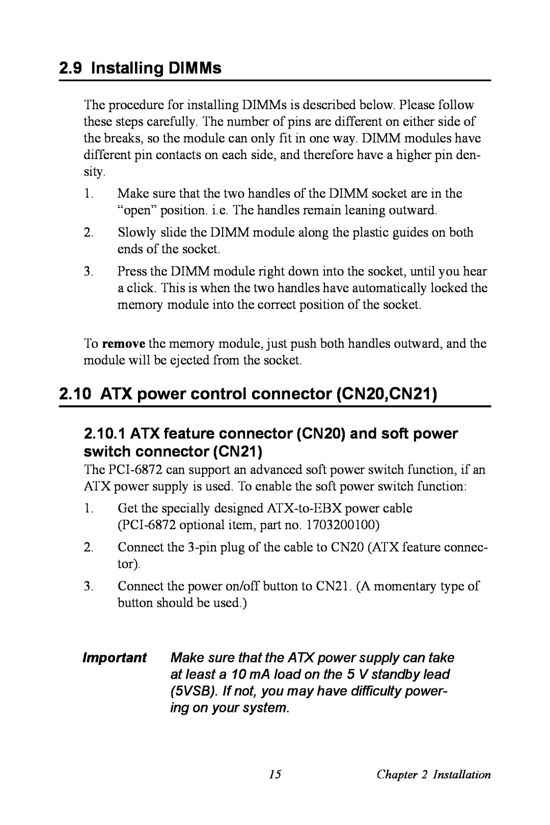 Advantech PCI-6872 user manual Installing DIMMs, ATX power control connector CN20,CN21 