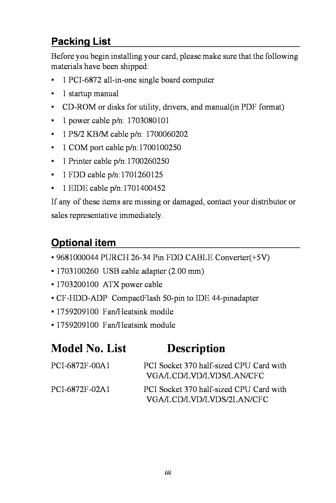 Advantech PCI-6872 user manual Packing List, Optional item, Model No. List, Description 