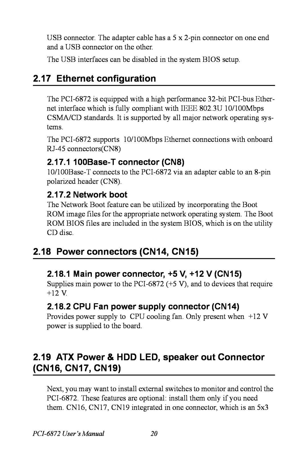 Advantech PCI-6872 Ethernet configuration, Power connectors CN14, CN15, 2.17.1 100Base-T connector CN8, Network boot 