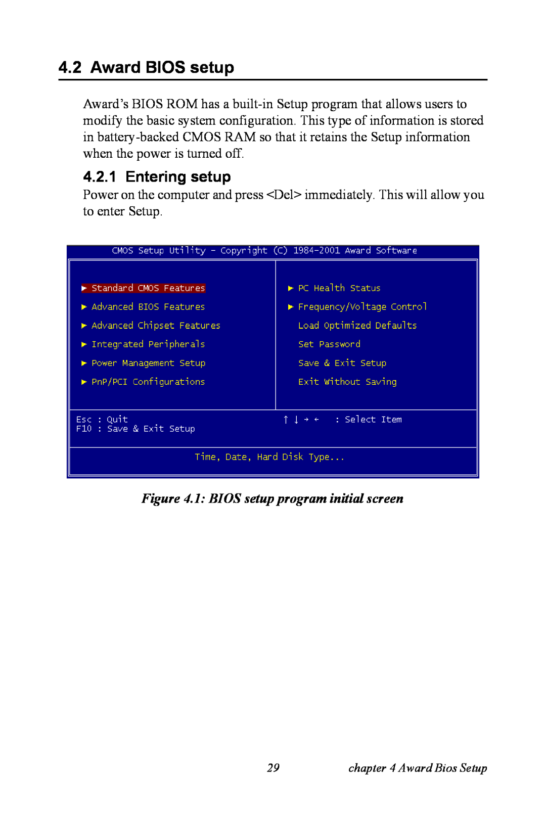 Advantech PCI-6872 user manual Award BIOS setup, Entering setup, 1 BIOS setup program initial screen 