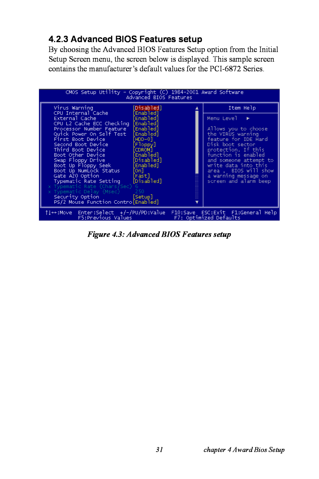 Advantech PCI-6872 user manual 3 Advanced BIOS Features setup, Award Bios Setup 