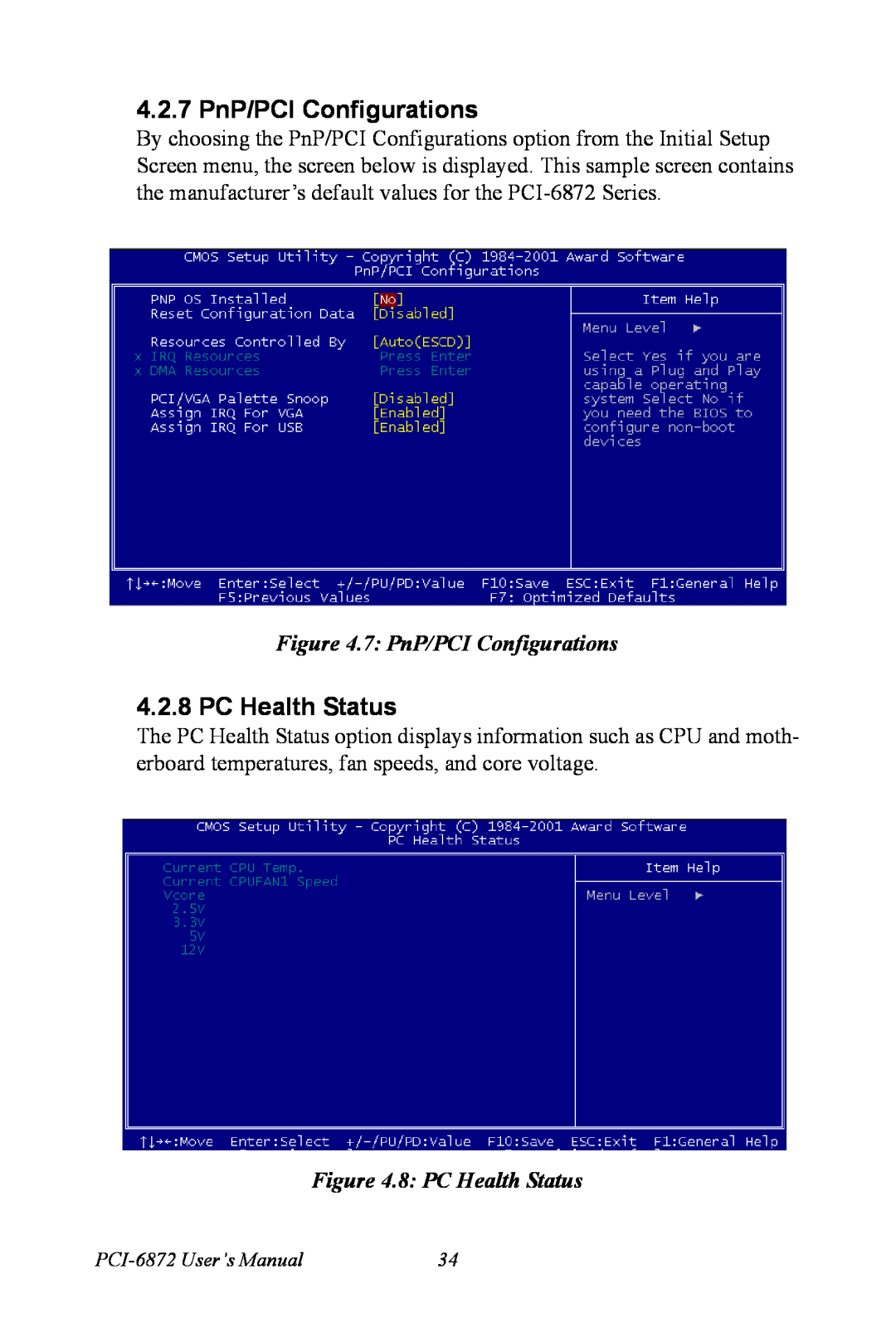 Advantech PCI-6872 user manual 4.2.7 PnP/PCI Configurations, 8 PC Health Status 