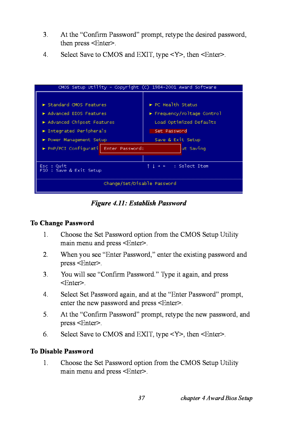 Advantech PCI-6872 user manual 11 Establish Password, To Change Password, To Disable Password 