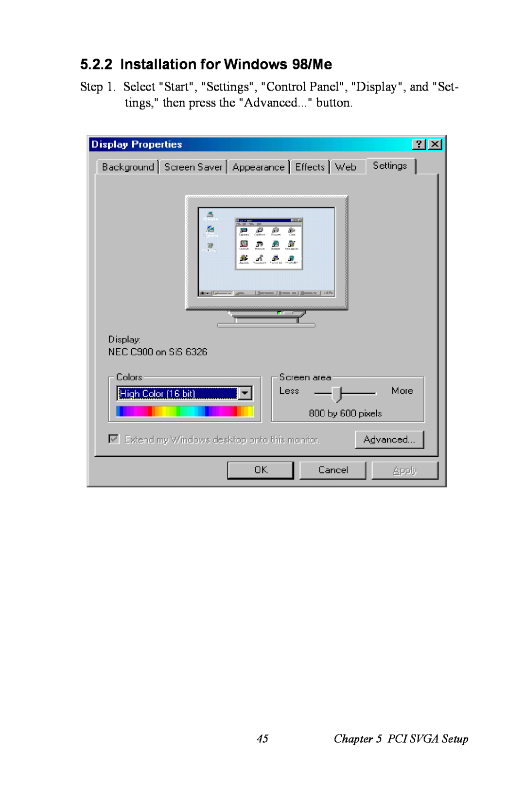 Advantech PCI-6872 user manual Installation for Windows 98/Me, PCI SVGA Setup 