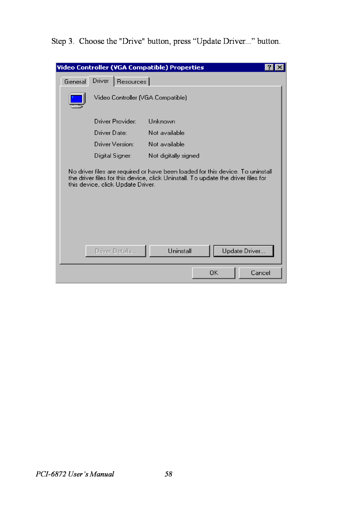 Advantech user manual Choose the Drive button, press “Update Driver...” button, PCI-6872 User’s Manual 