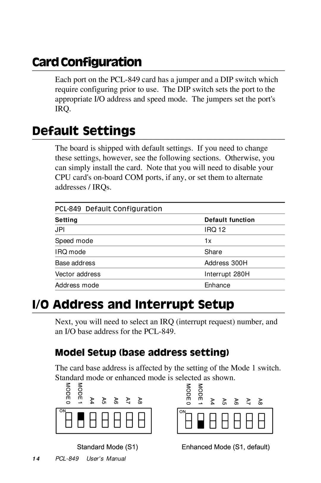 Advantech PCL-849 Card Configuration, Default Settings, Address and Interrupt Setup, Model Setup base address setting 