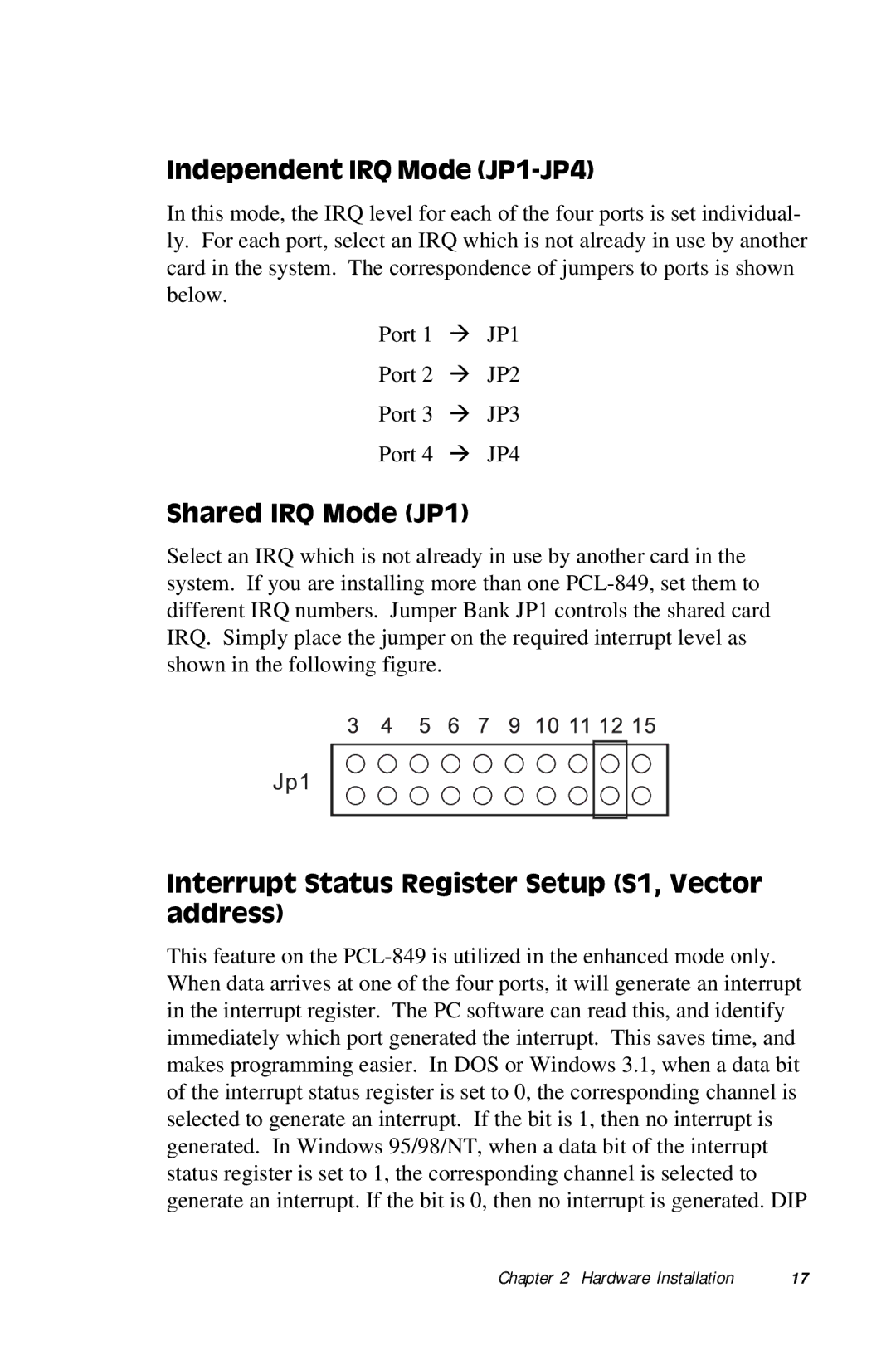 Advantech PCL-849 Independent IRQ Mode JP1-JP4, Shared IRQ Mode JP1, Interrupt Status Register Setup S1, Vector address 
