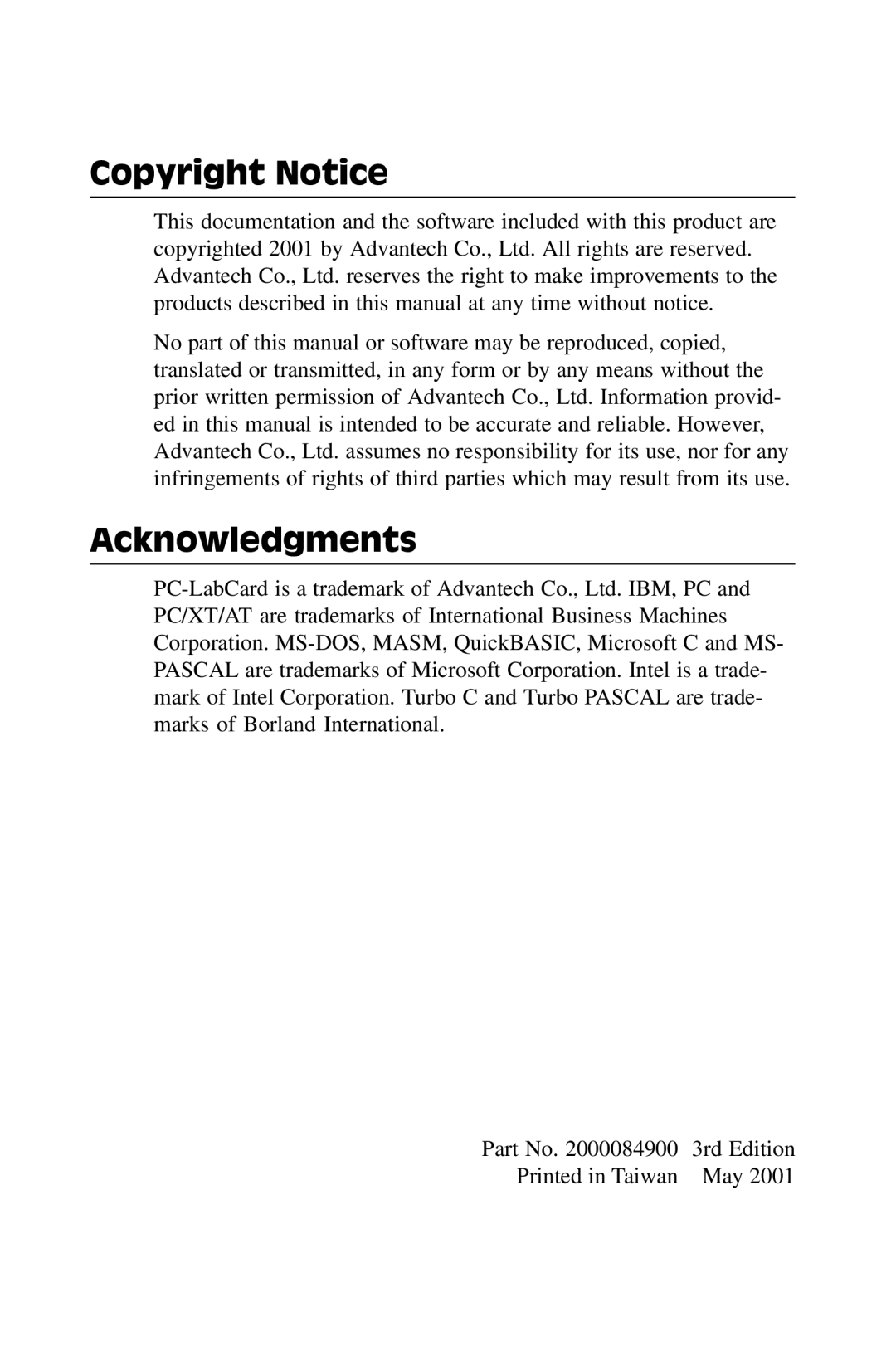 Advantech PCL-849 manual Copyright Notice Acknowledgments 