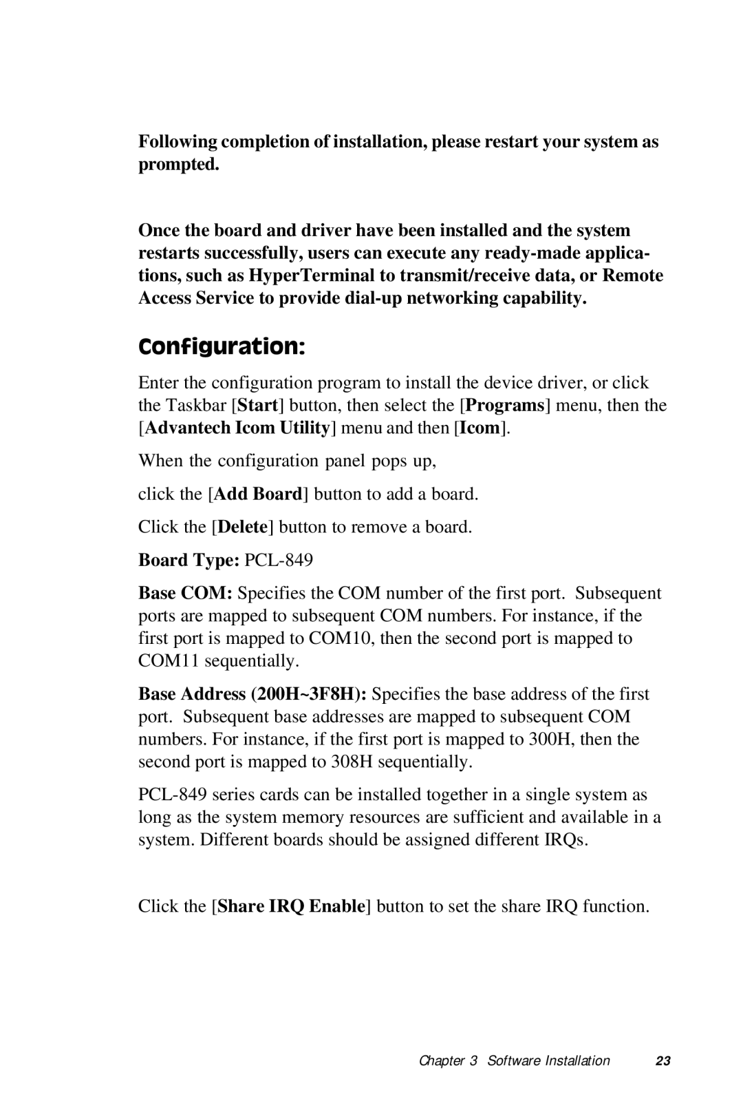 Advantech manual Configuration, Board Type PCL-849 