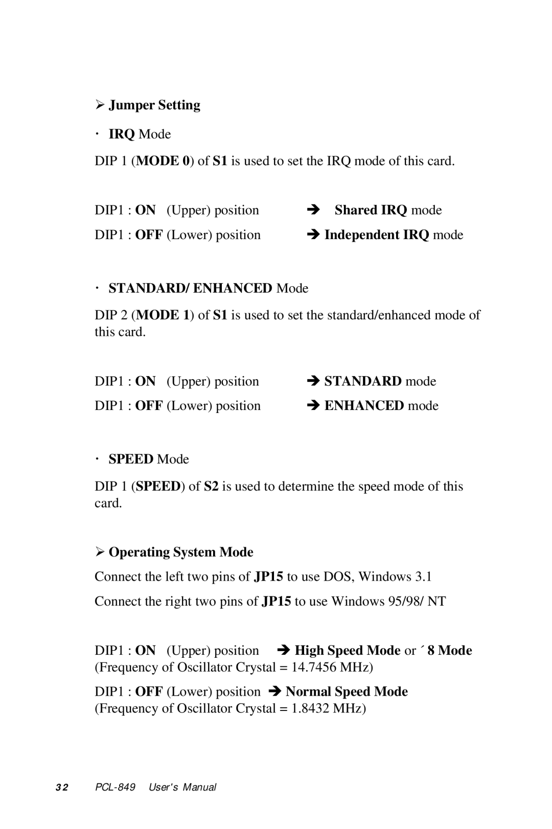 Advantech PCL-849 manual Jumper Setting · IRQ Mode 