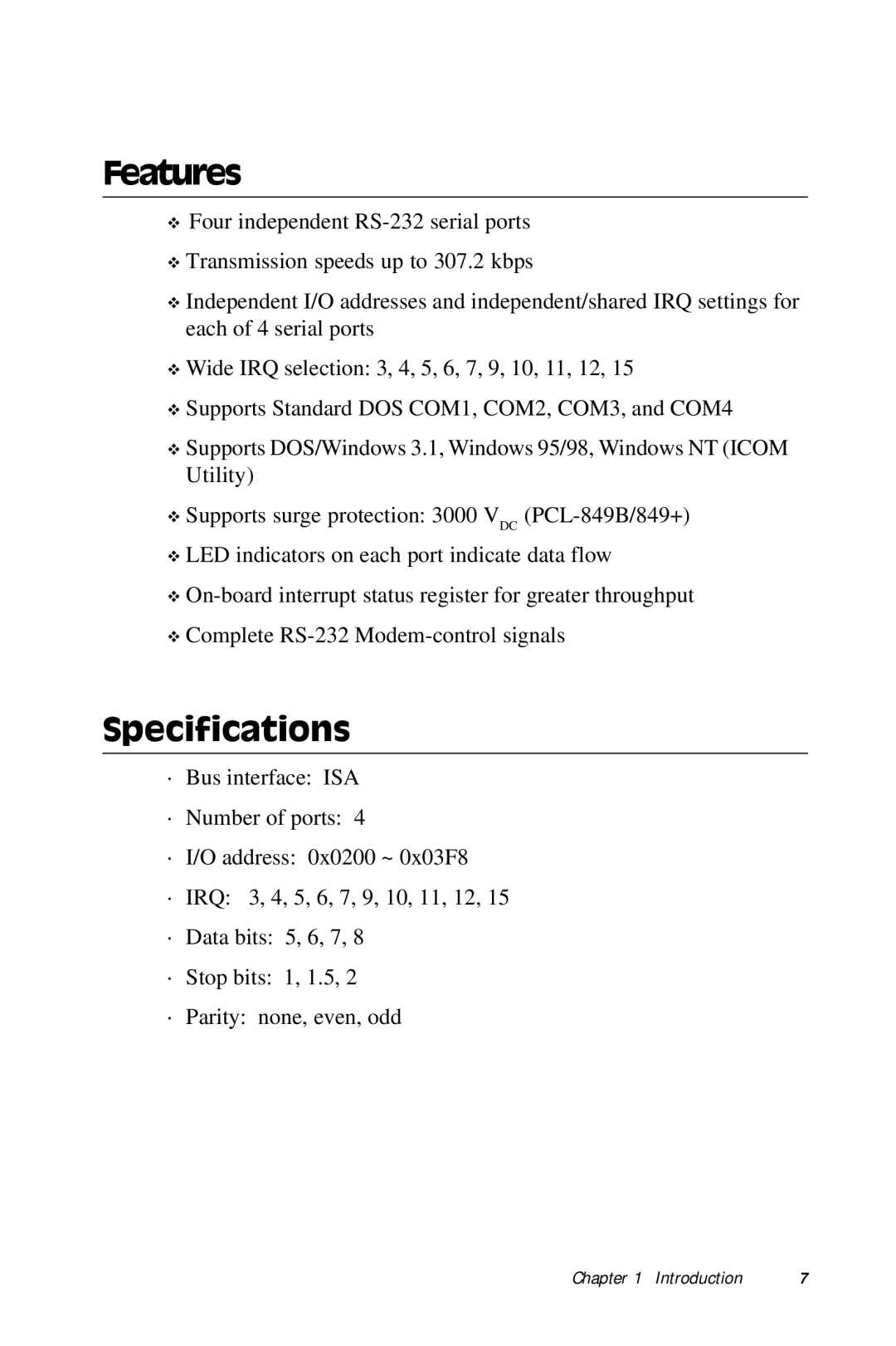 Advantech PCL-849 manual Features, Specifications 