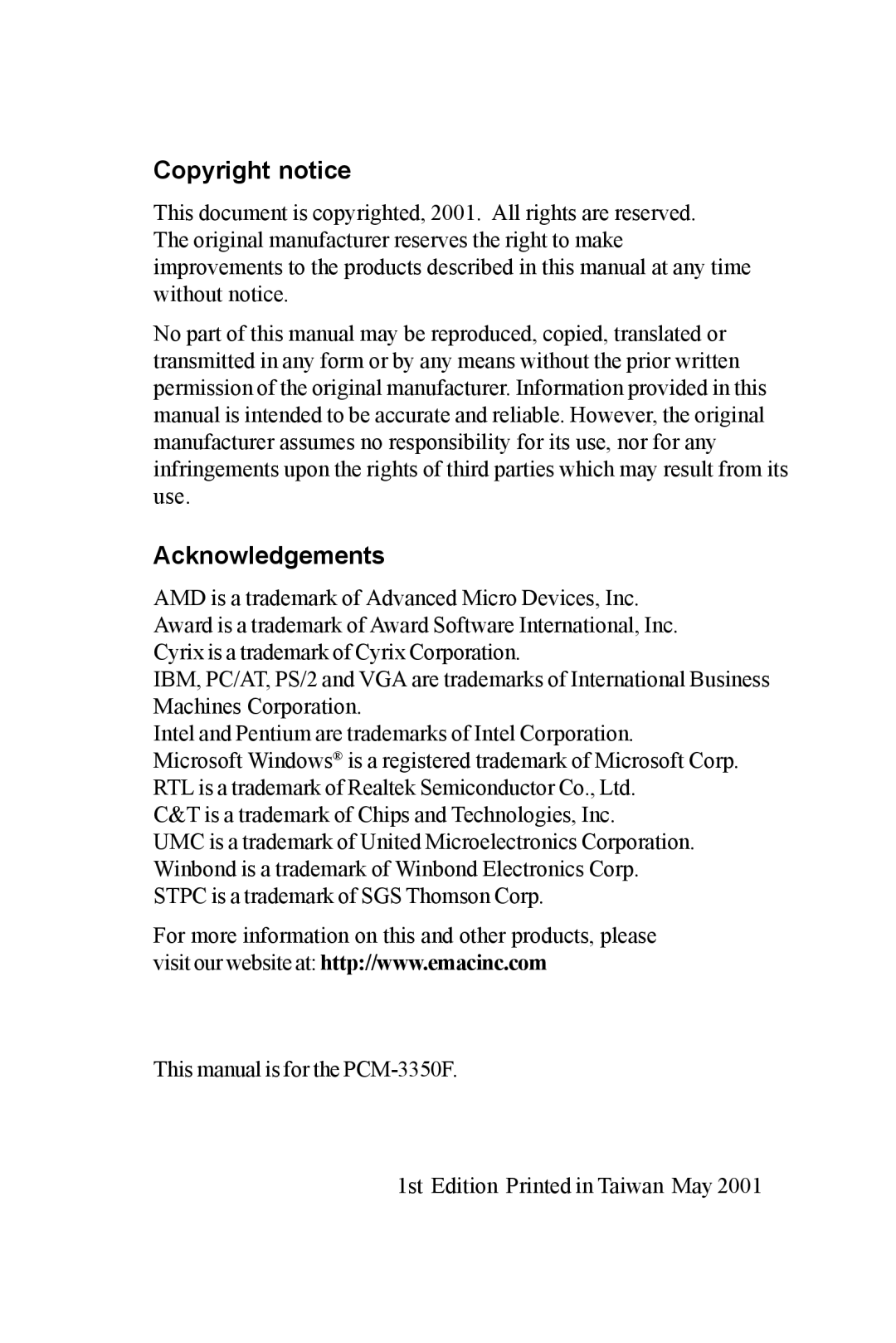 Advantech PCM-3350 Series user manual Copyright notice, Acknowledgements 