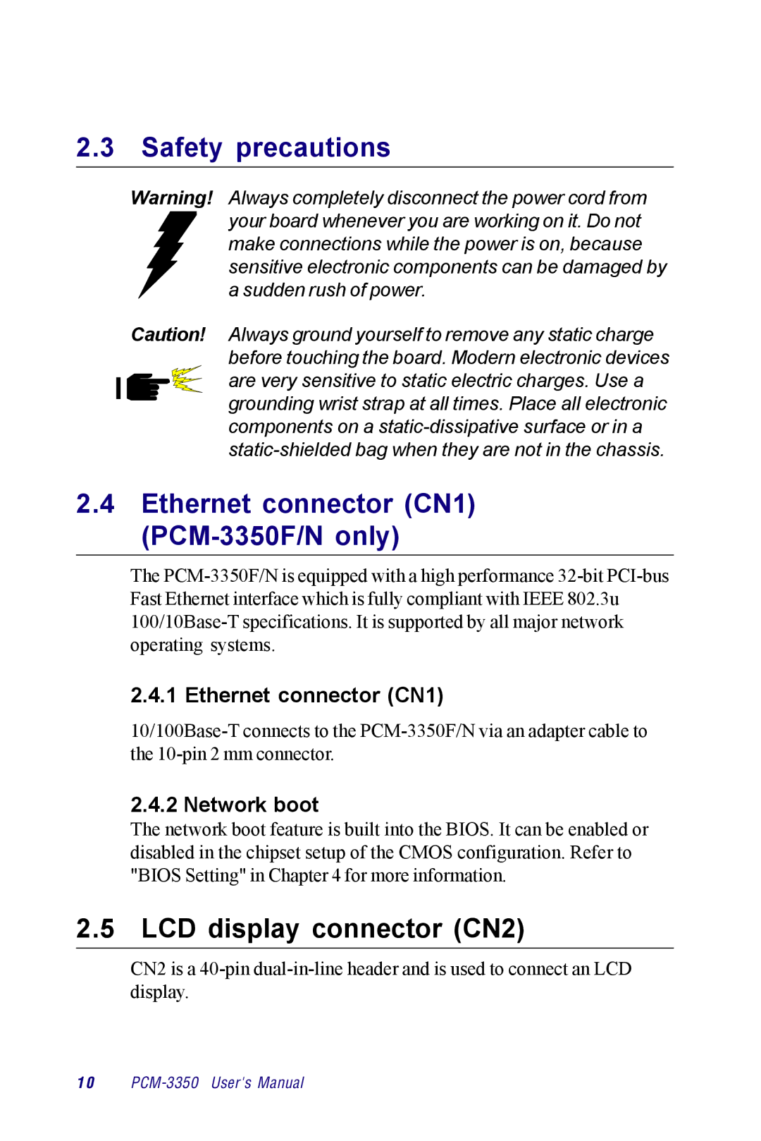 Advantech PCM-3350 Series user manual Safety precautions, Ethernet connector CN1 PCM-3350F/N only, Network boot 