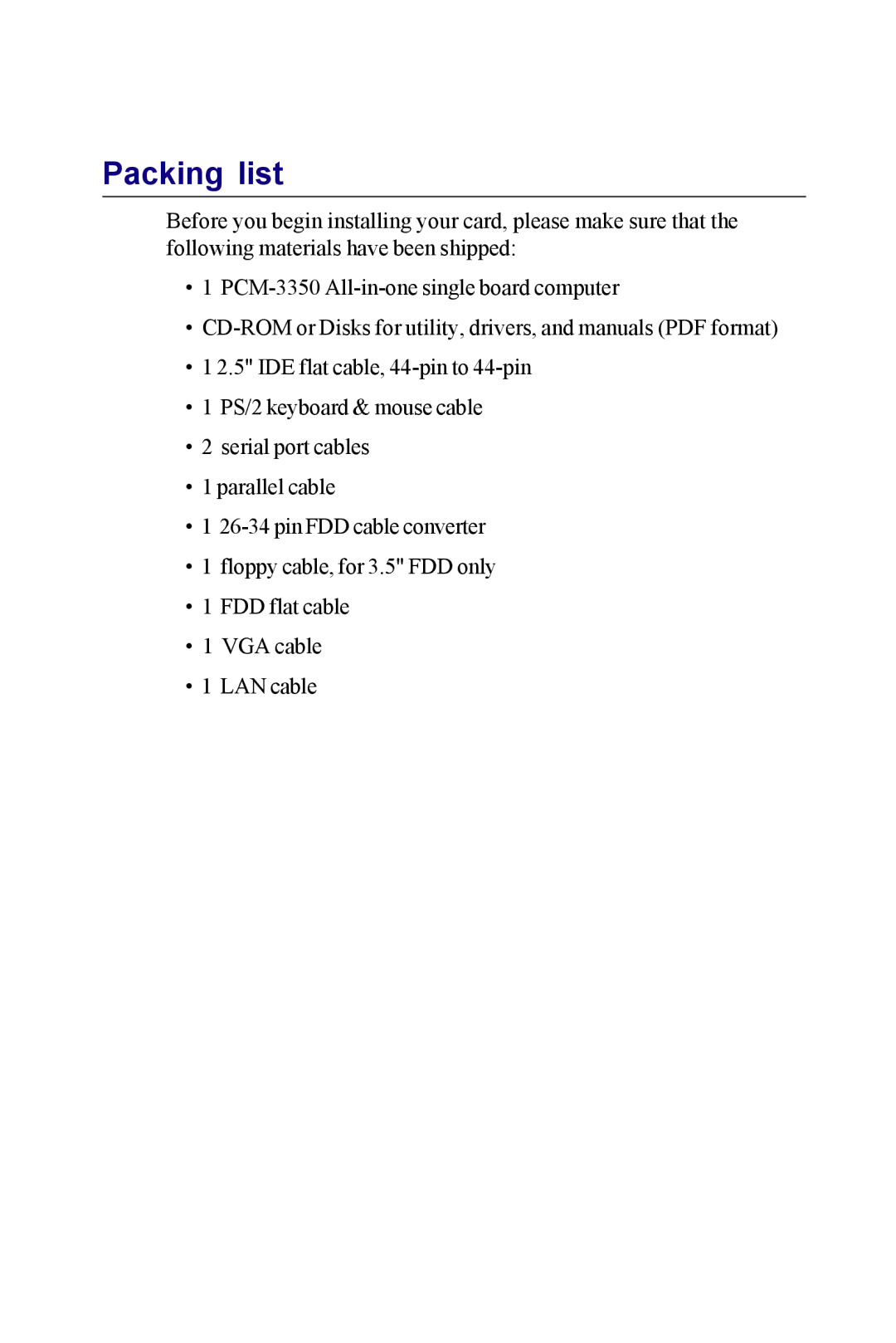 Advantech PCM-3350 Series user manual Packing list 