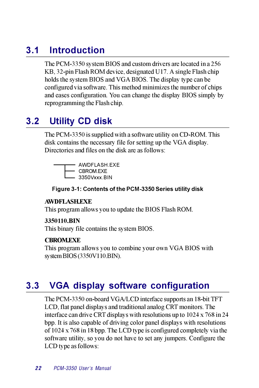 Advantech PCM-3350 Series user manual Utility CD disk, VGA display software configuration 