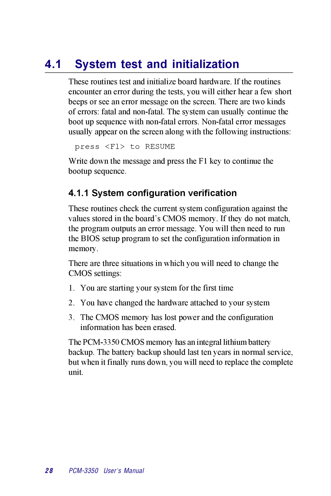 Advantech PCM-3350 Series user manual System test and initialization, System configuration verification 