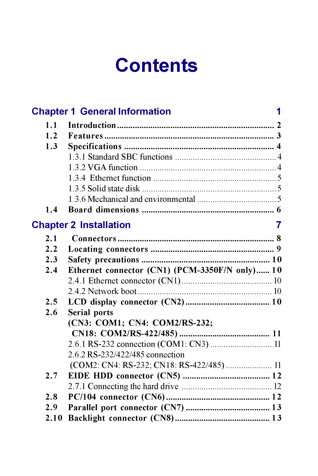 Advantech PCM-3350 Series user manual Contents 