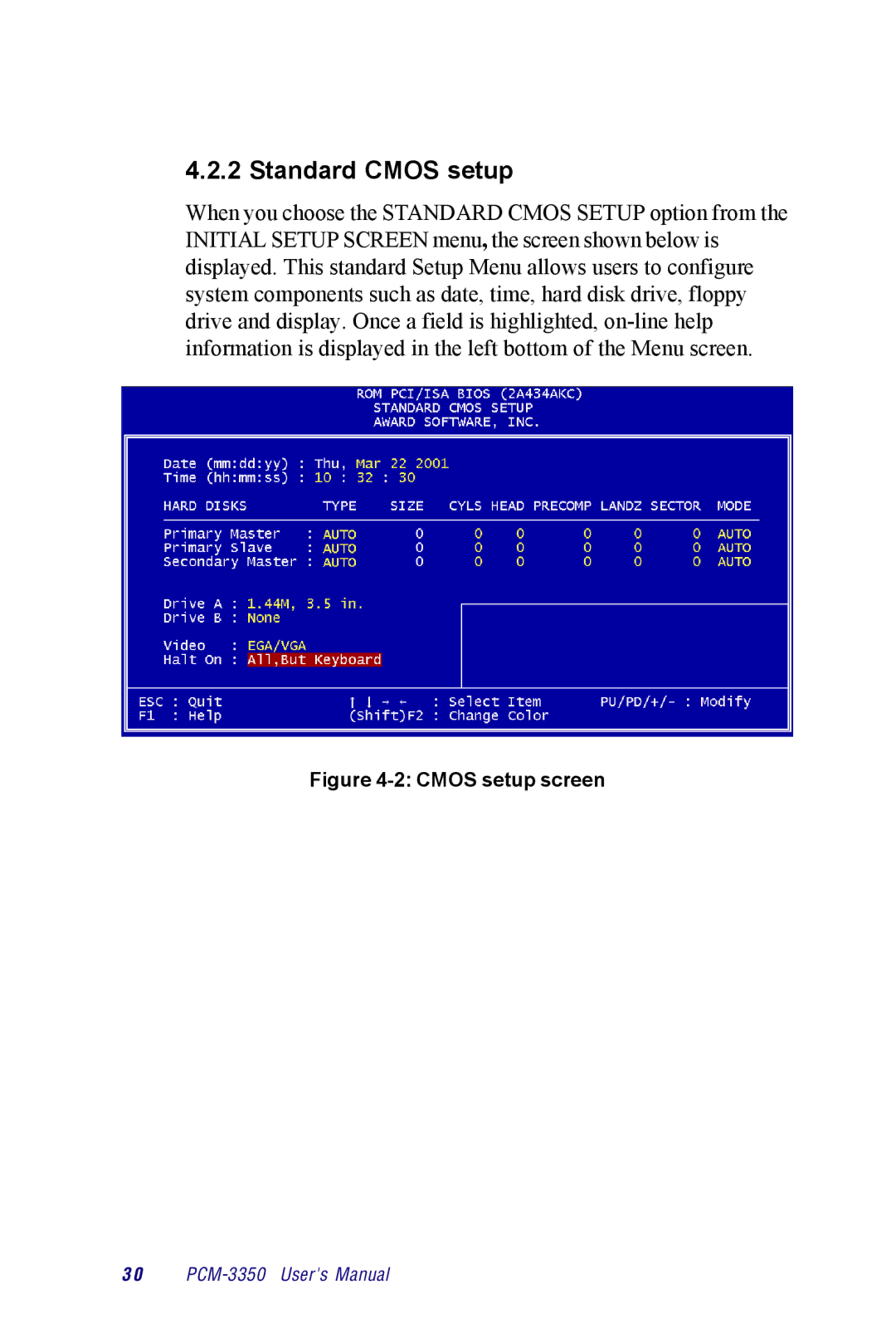 Advantech PCM-3350 Series user manual Standard Cmos setup, Cmos setup screen 