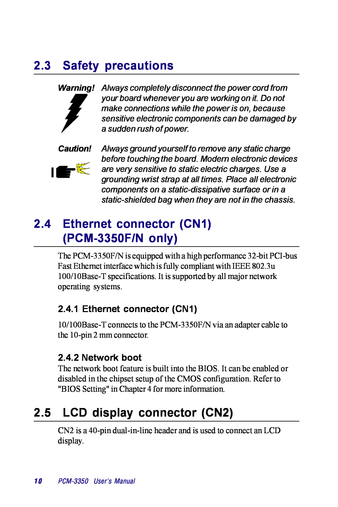 Advantech PCM-3350 Series user manual Safety precautions, Ethernet connector CN1 PCM-3350F/N only, Network boot 