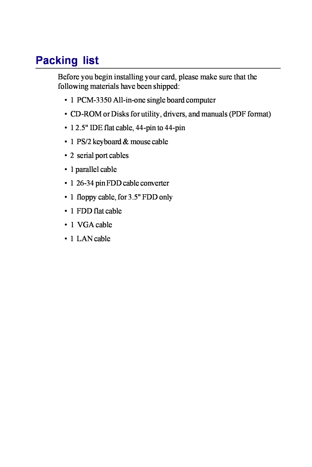 Advantech PCM-3350 Series user manual Packing list 