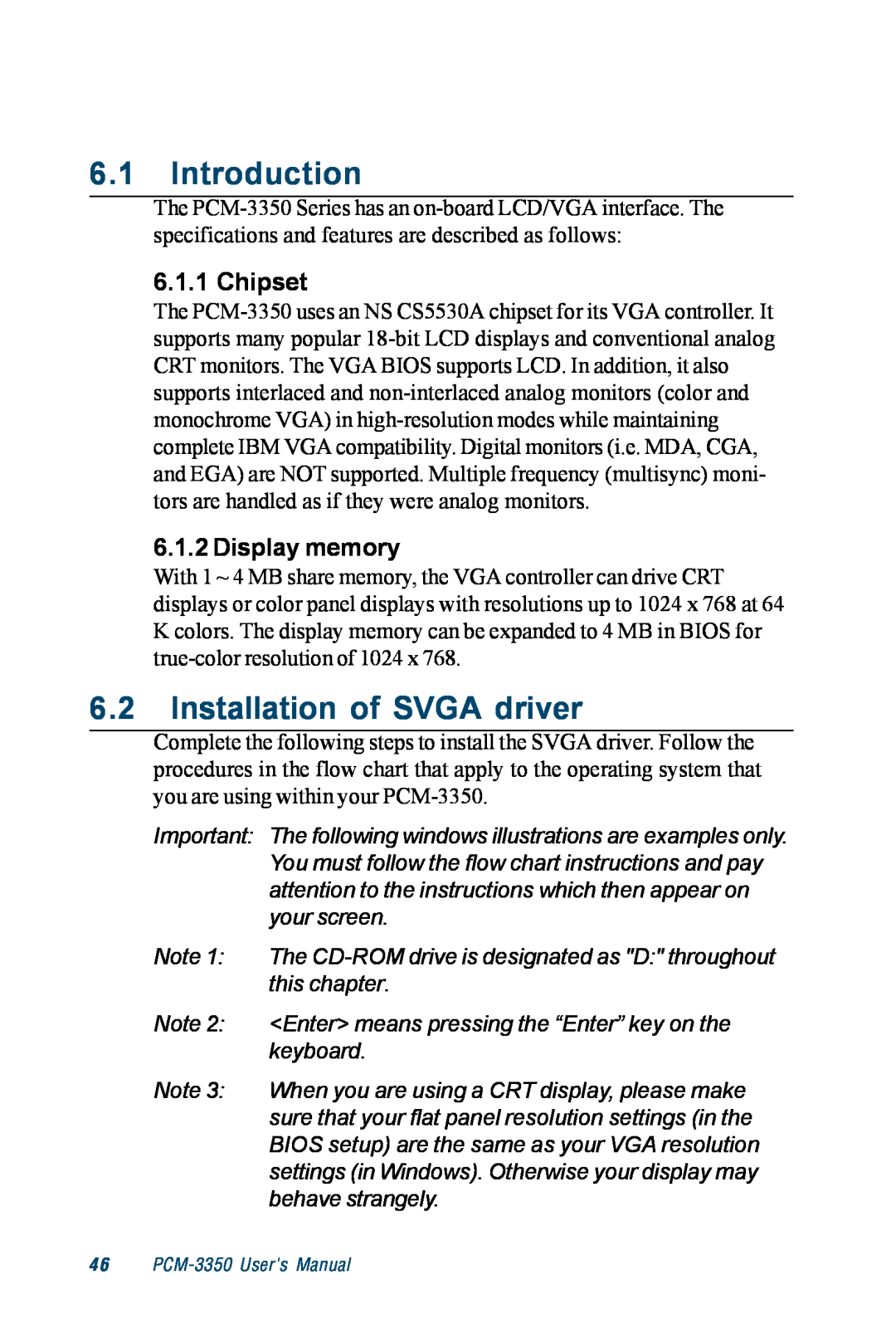 Advantech PCM-3350 Series user manual Introduction, Installation of SVGA driver, Chipset, Display memory 