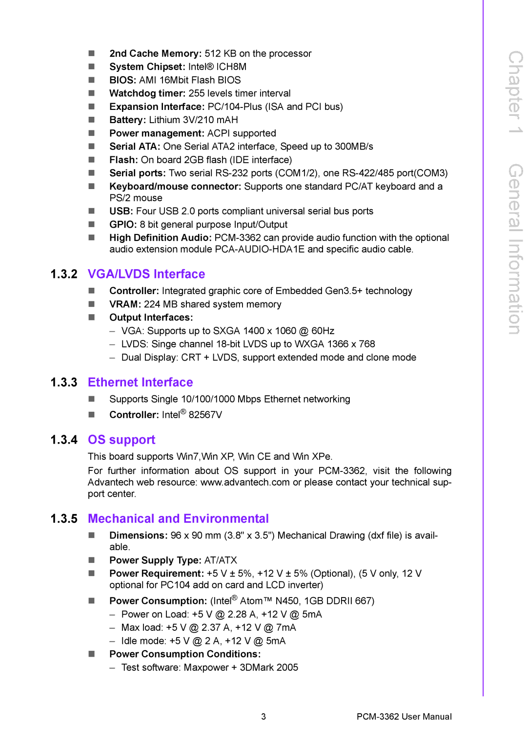 Advantech PCM-3362 user manual 2 VGA/LVDS Interface, Ethernet Interface, OS support, Mechanical and Environmental 