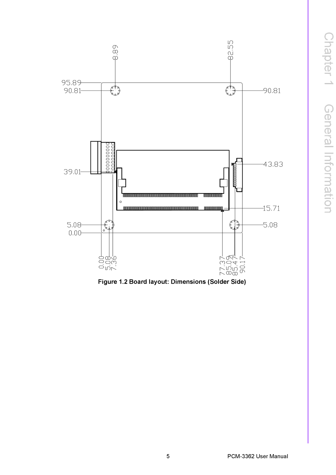 Advantech PCM-3362 user manual Board layout Dimensions Solder Side 