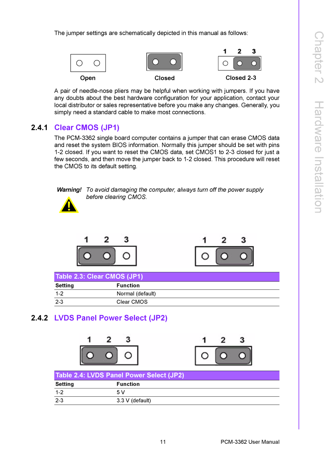 Advantech PCM-3362 user manual Clear Cmos JP1, Lvds Panel Power Select JP2, Open Closed 