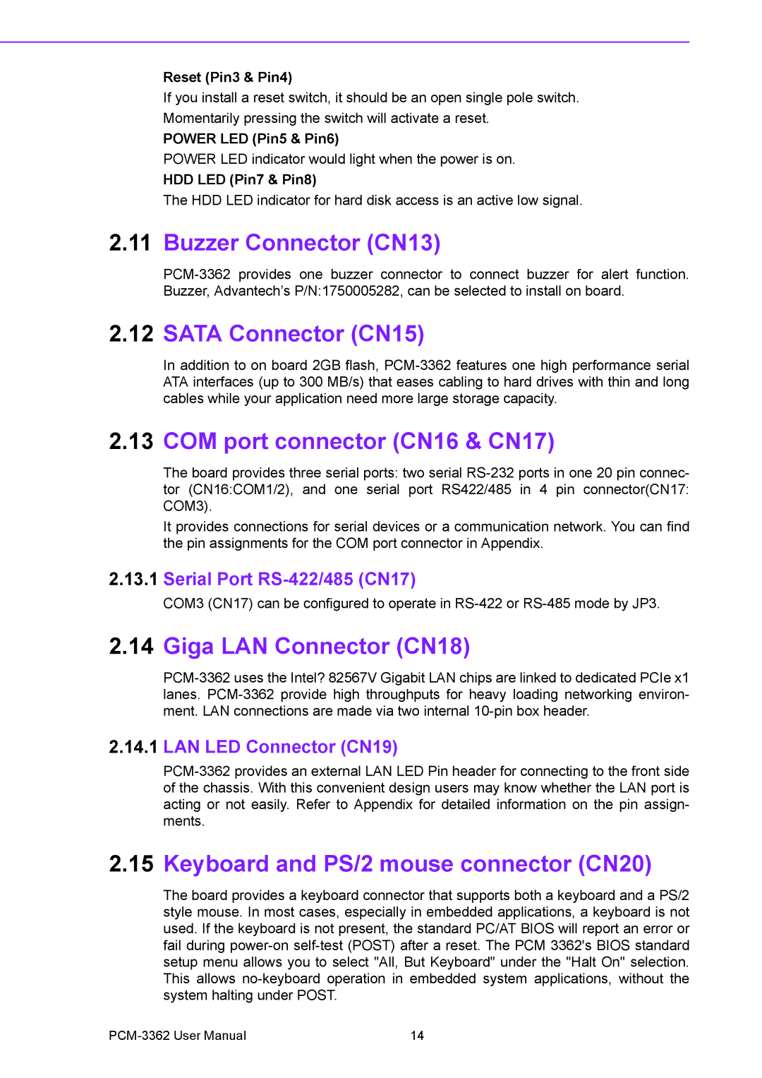 Advantech PCM-3362 Buzzer Connector CN13, Sata Connector CN15, COM port connector CN16 & CN17, Giga LAN Connector CN18 