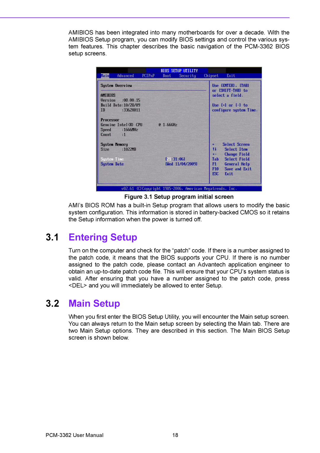 Advantech PCM-3362 user manual Entering Setup, Main Setup 