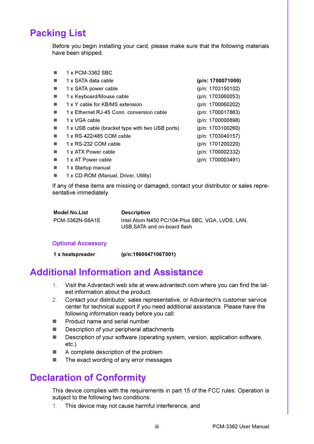 Advantech PCM-3362 user manual Packing List, Additional Information and Assistance, Declaration of Conformity 