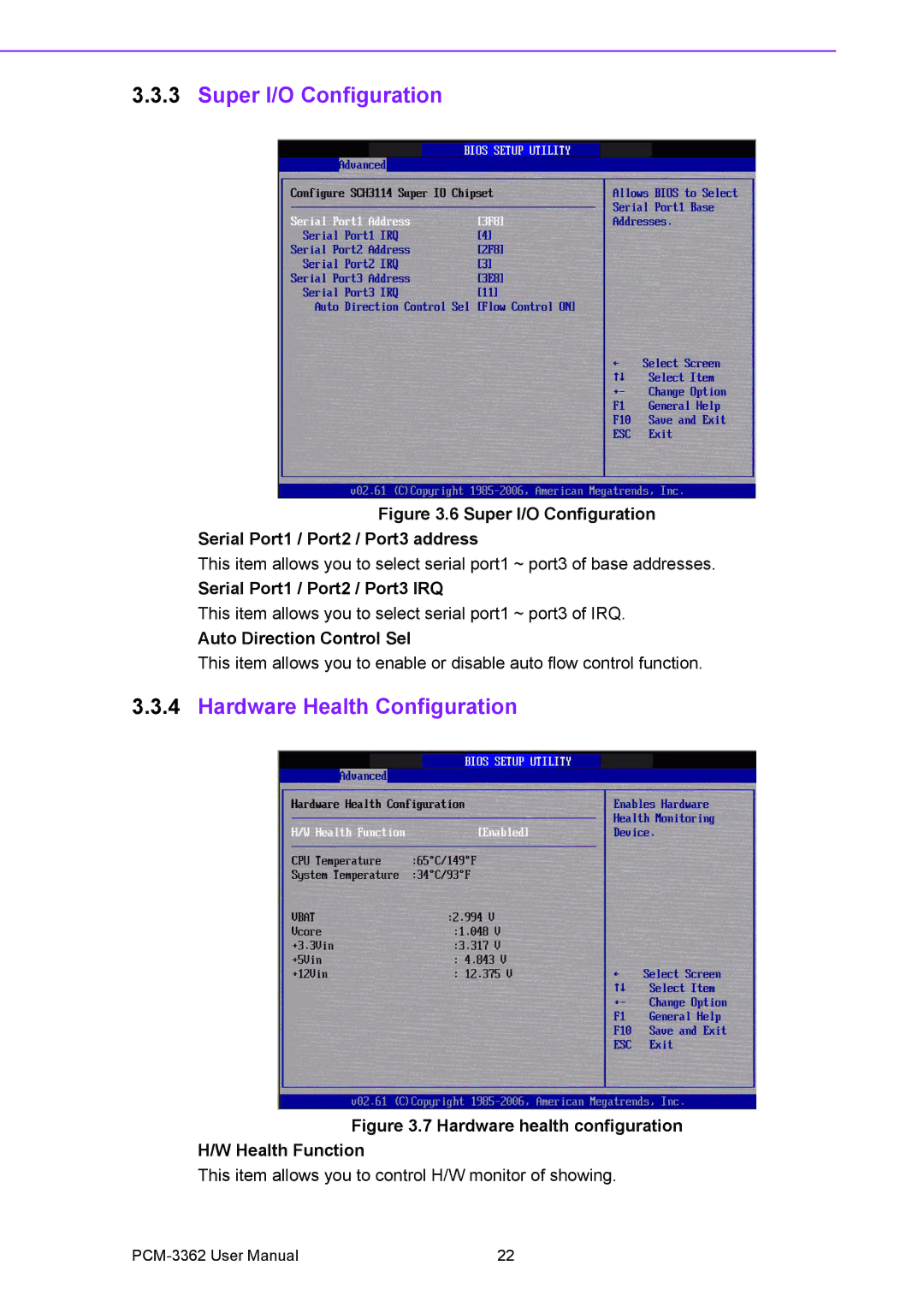 Advantech PCM-3362 user manual Super I/O Configuration, Hardware Health Configuration, Serial Port1 / Port2 / Port3 IRQ 