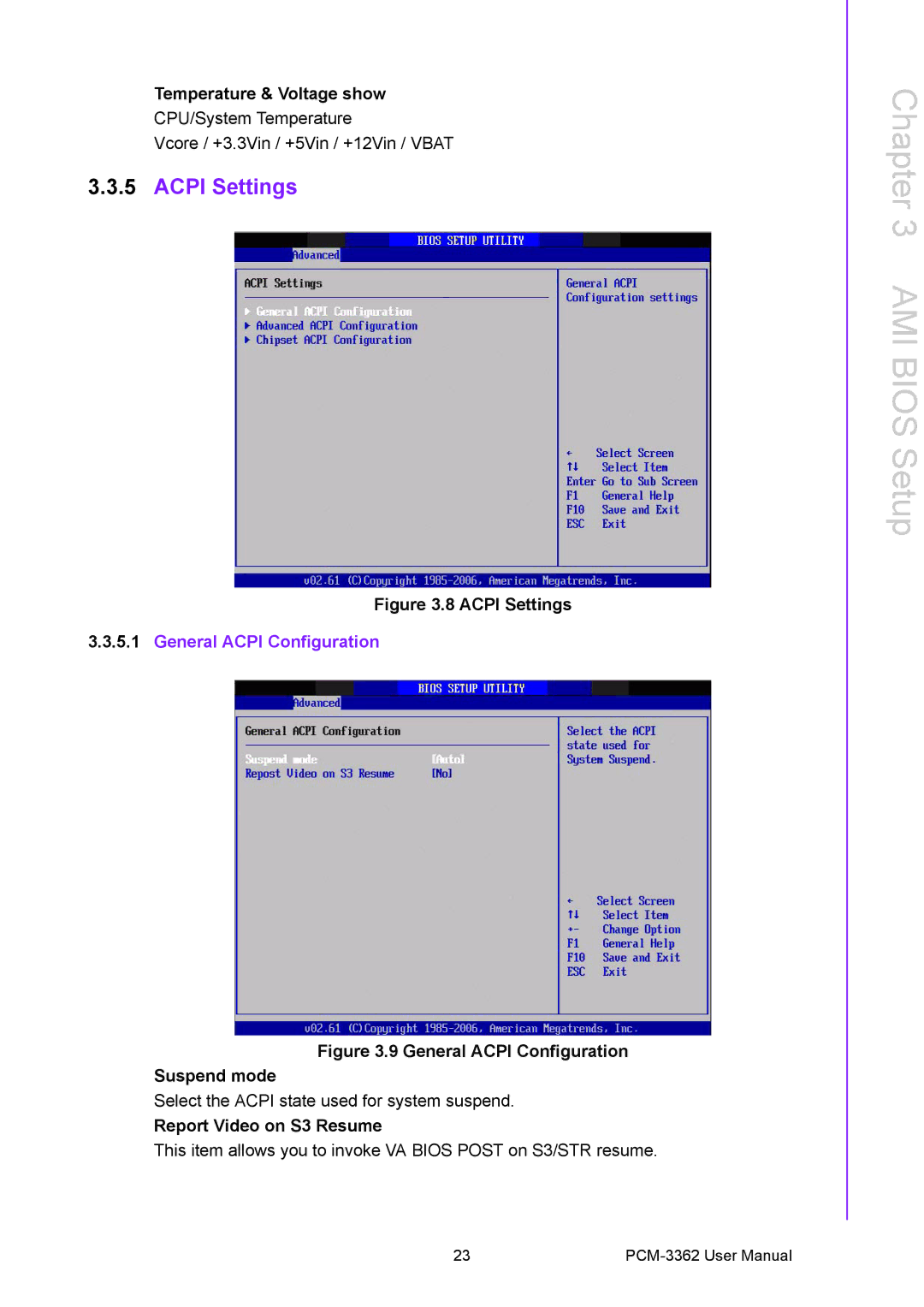 Advantech PCM-3362 user manual Acpi Settings, Temperature & Voltage show, Report Video on S3 Resume 