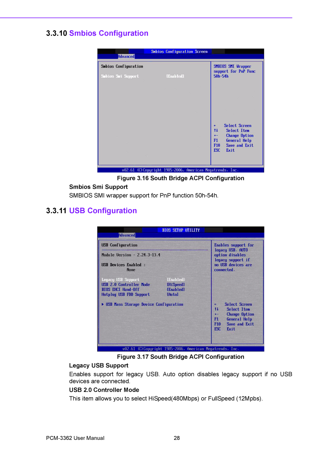 Advantech PCM-3362 user manual Smbios Configuration, USB Configuration, USB 2.0 Controller Mode 