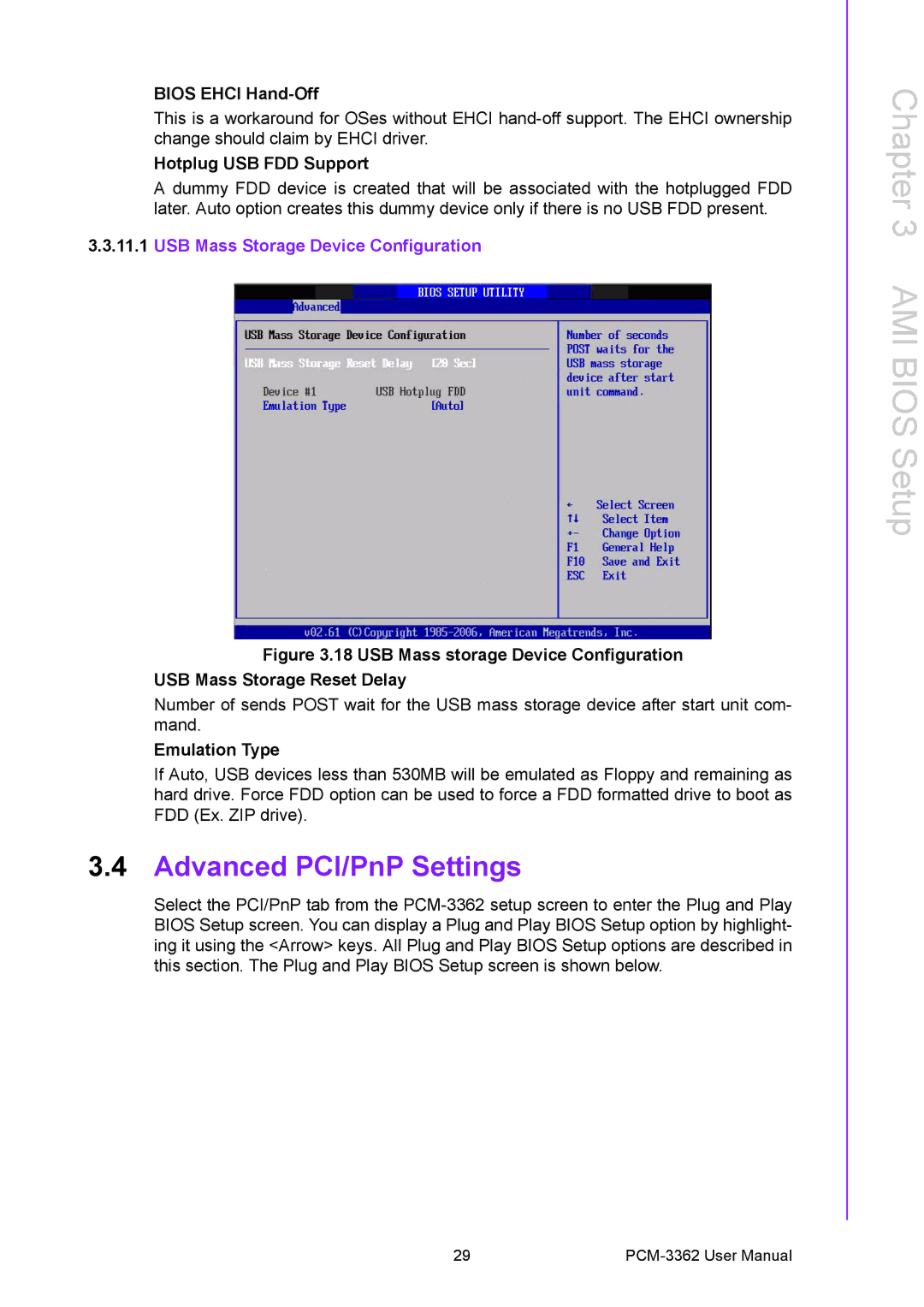 Advantech PCM-3362 user manual Advanced PCI/PnP Settings, Bios Ehci Hand-Off, Hotplug USB FDD Support, Emulation Type 